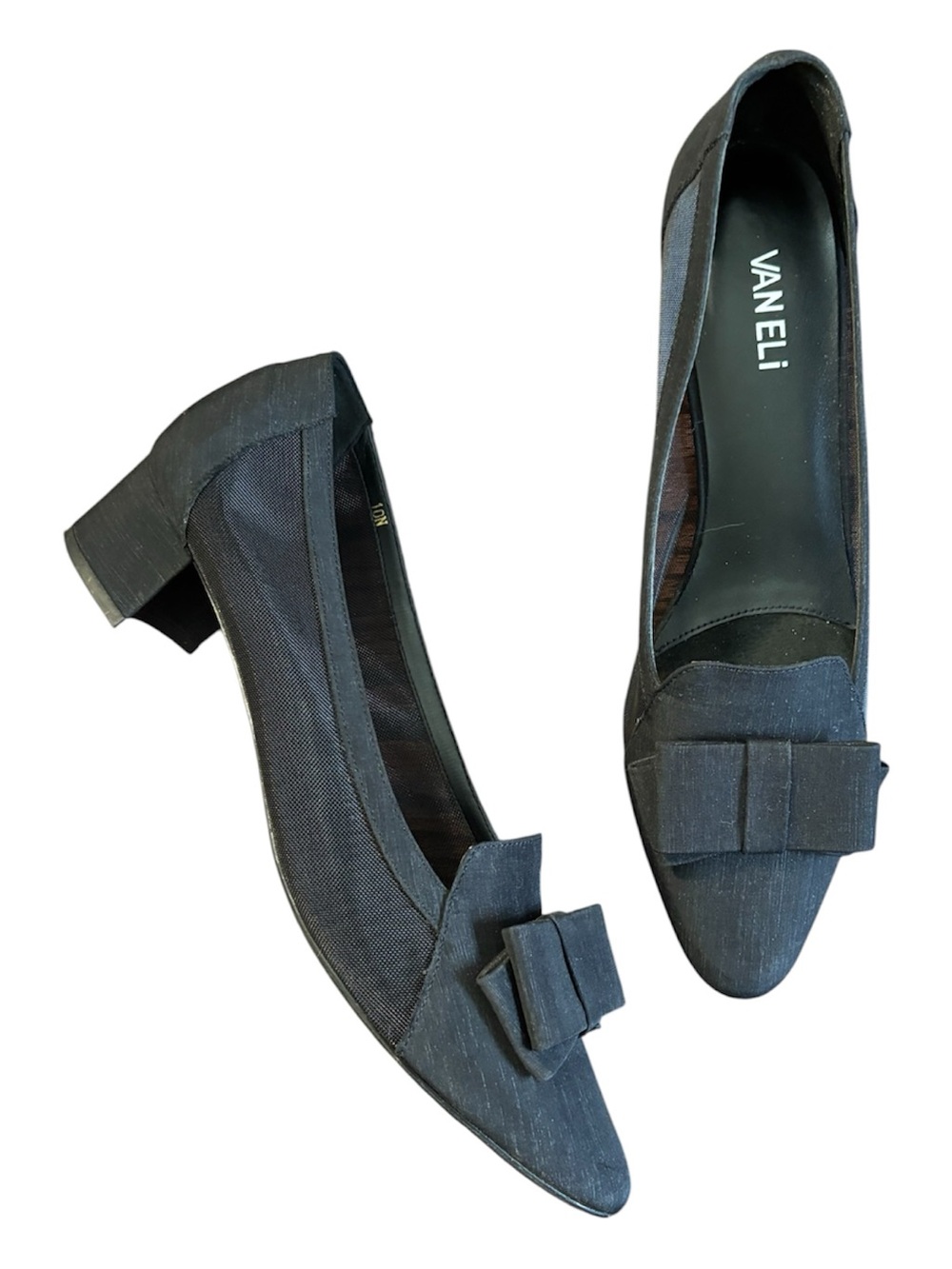 Vaneli Alona Black Almond Toe Bow Pumps Heels Fabric Mesh Shoes Block Heel 10 N